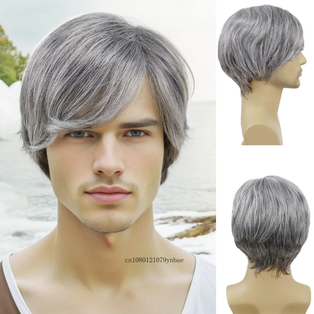 Layered Synthetic Hair Short Wig for Older Men Grey Wigs with Bangs Male Grandpa Daily Cosplay Costume Party Heat Resistant