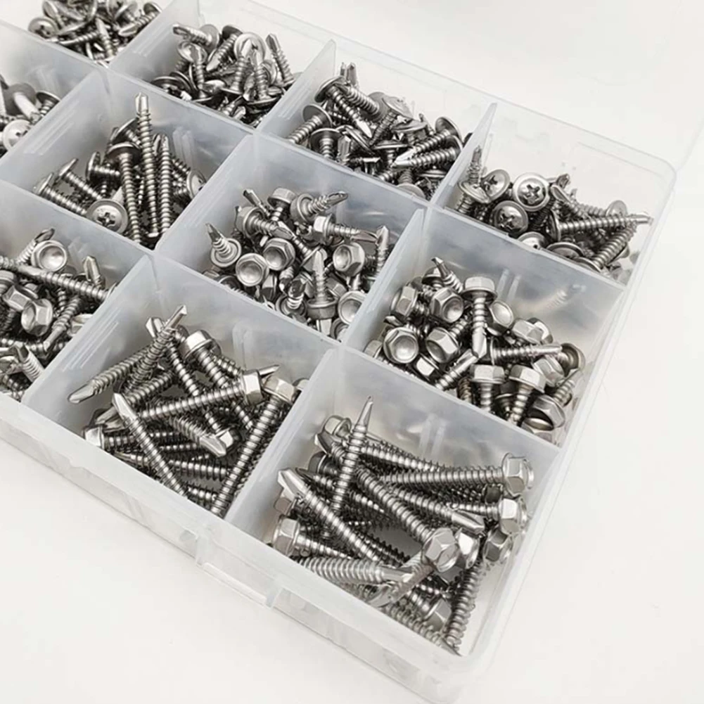 

400pcs 410 Stainless-Steel Hexagonal With Round Head Cross Drilling Screws With Washer Furniture, DIY And Other Scenarios