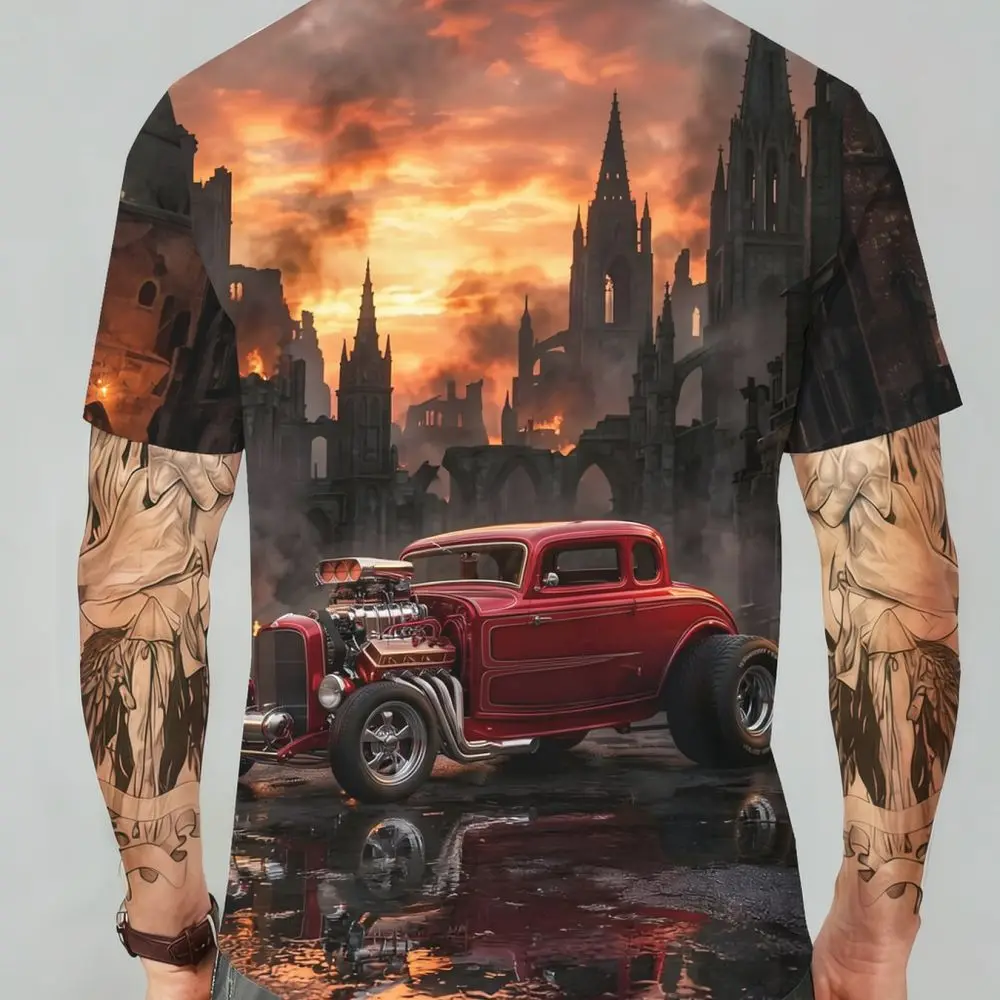 Mens Graphic Print T Shirt Vintage Castle And Retro Car Summer Casual Breathable Quick Dry Round Neck Short Sleeve Top