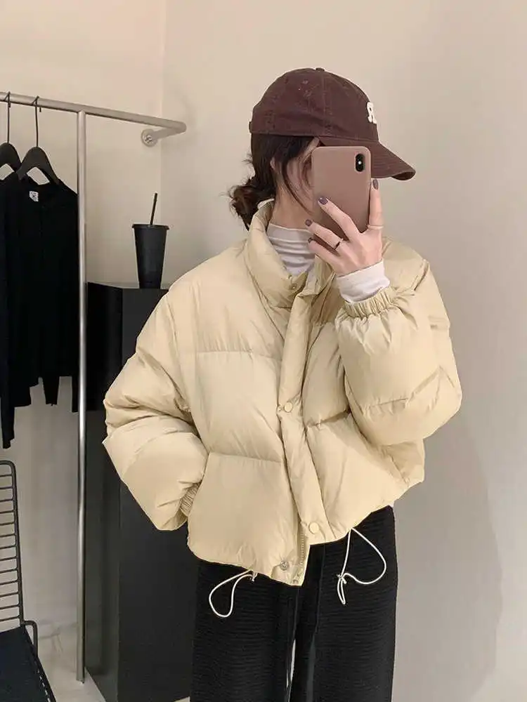 

Women's Stand-up Collar Short Style Jacket Autumn Winter Solid Color Warm Top Female Zipper Long Sleeves Loose Bread Coat