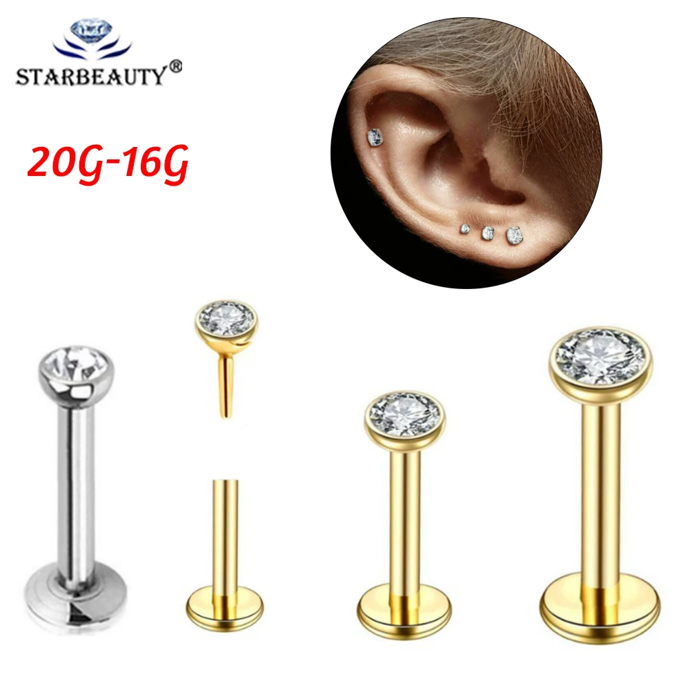 1Pc Gold Color Plug-in Style 316L Steel Lip Labret Piercing Colorful CZ Crystal Ear Helix Piercings Jewelry 16G 18G 20G