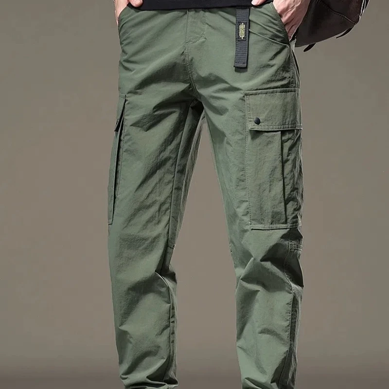 

Spring Autumn New Fashion Solid Color Elastic Waist Drawstring Men's Clothing Pockets Chaopai Bound Feet Casual Thin Cargo Pants