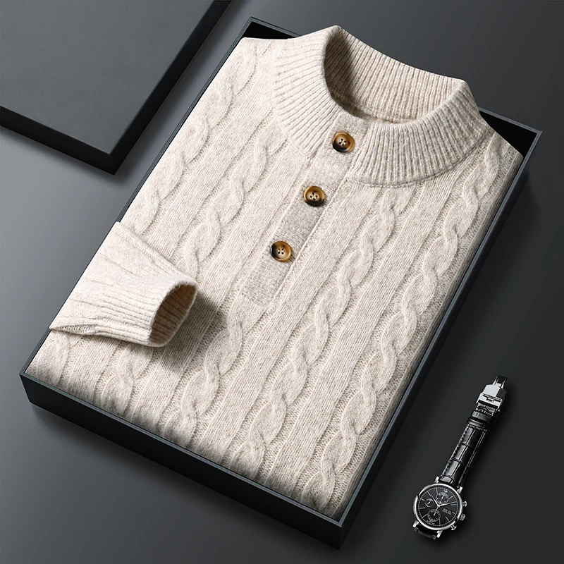 

Thick Men Trendy Buttons Sweater Good Quality Winter Cashmere Wool Blend Clothes Long Sleeve Warm Knitwear Pullover Wool Tops