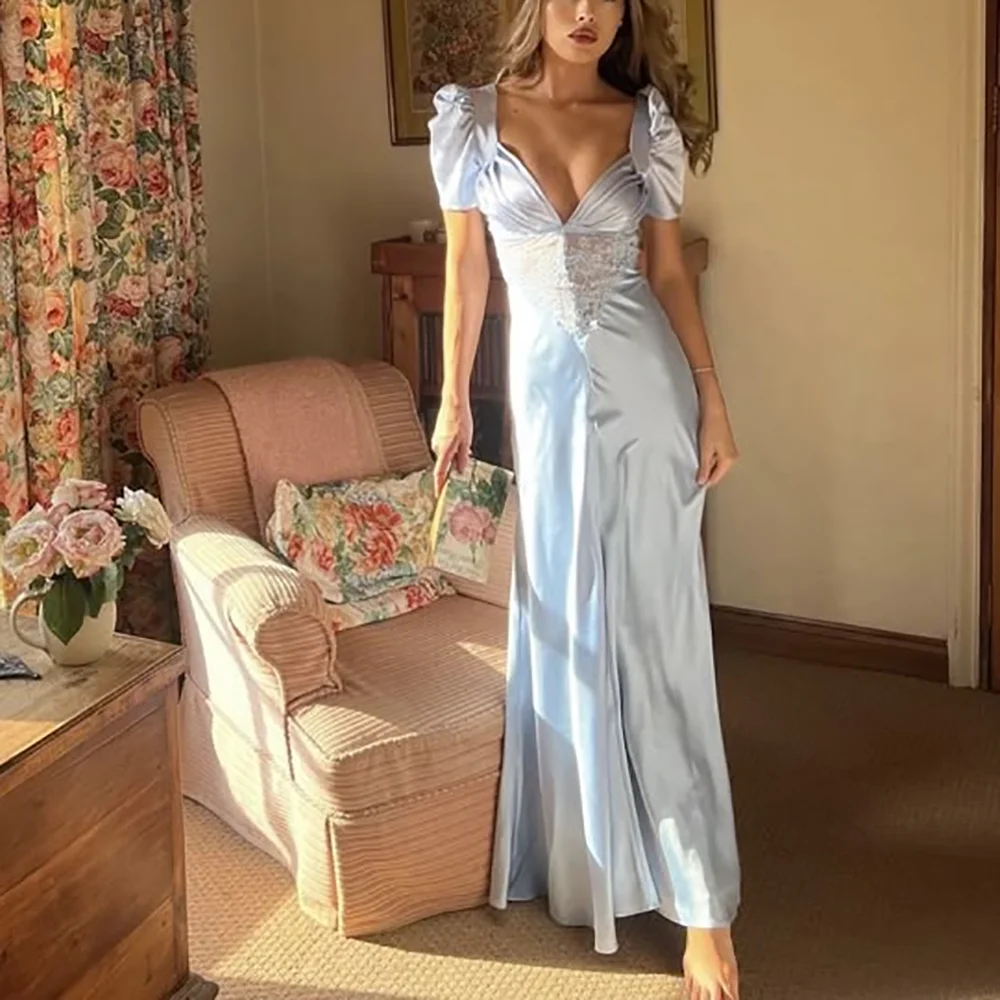 

Light Blue Evening Dress Sweetheart Short Sleeves Lace Satin Bride Wedding Gown Formal Party Prom Dress Vestido De Novia