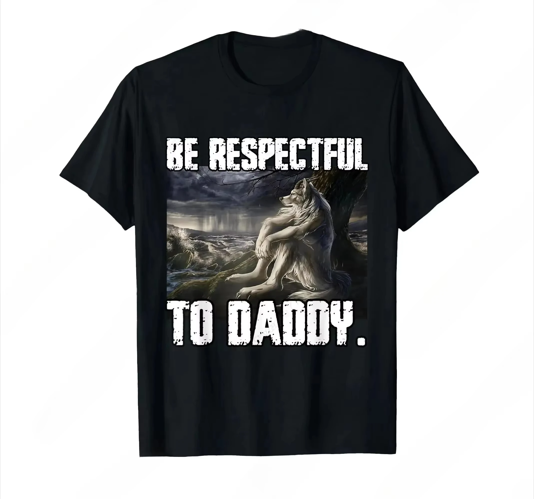 Family Matching T‑Shirt Black Sitting Wolf Humanoid Front Print Storm Ocean Background Distressed Slogan Text Short Sleeve Tee