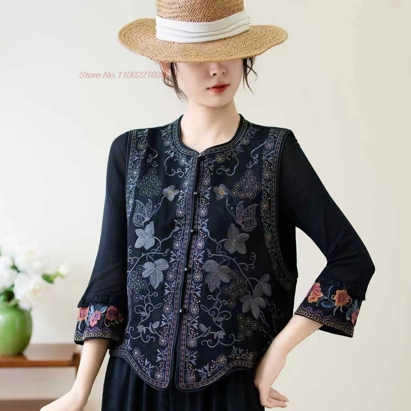 

2026 chinese vintage vest traditional satin jacquard o-neck folk vest national flower embroidery sleeveless jacket hanfu tops