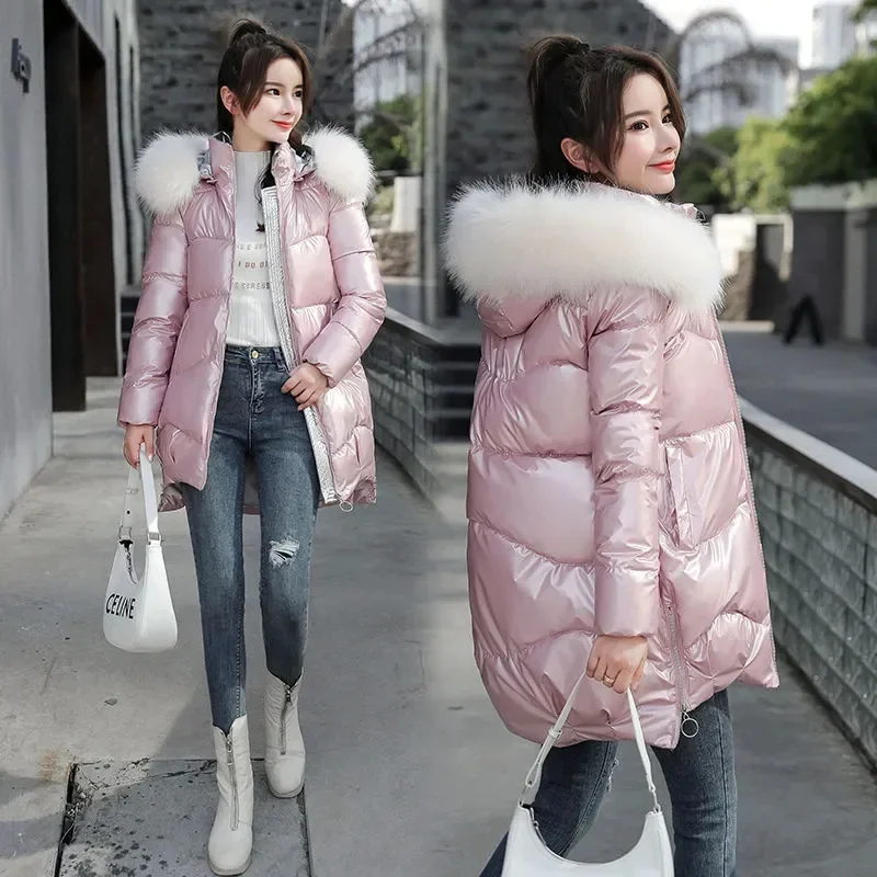 2023 Autumn Winter Hooded Fur Collar Warm Cotton-padded Coat Women Korean Fashion Waterproof Oversized Coat Casual Basic Outwear