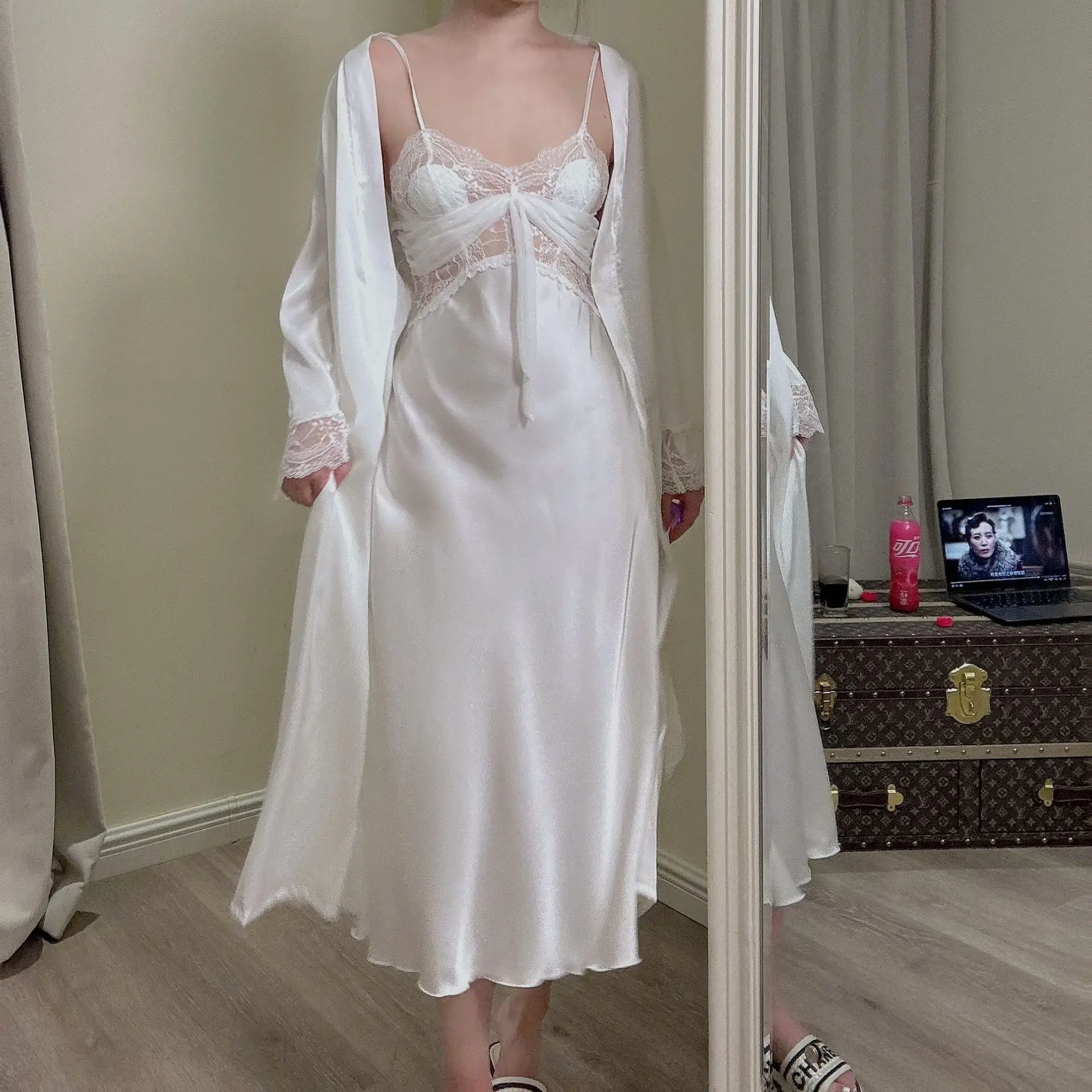 Palace Style Nightgown Pink Robe Set Vintage Sling Homewear Women Satin Kimono Bathrobe Sexy Lace Patchwork Nightdress