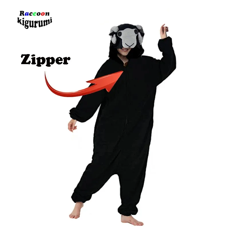 

Zipper New Goat Cartoon Pajamas Black Female Male Animal Movie Adult Christmas Cosplay Raccoon Kigurumi