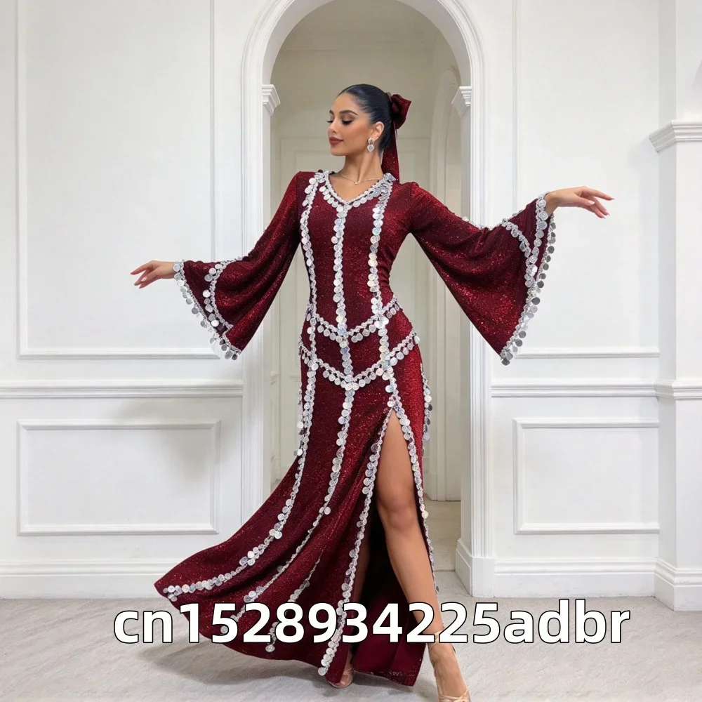 Wine red BellyDance Robes Women's Customsized Senior Sequin Robe Headscarf Oriental Dance Shaabi Baladi Saidi Competition Robes