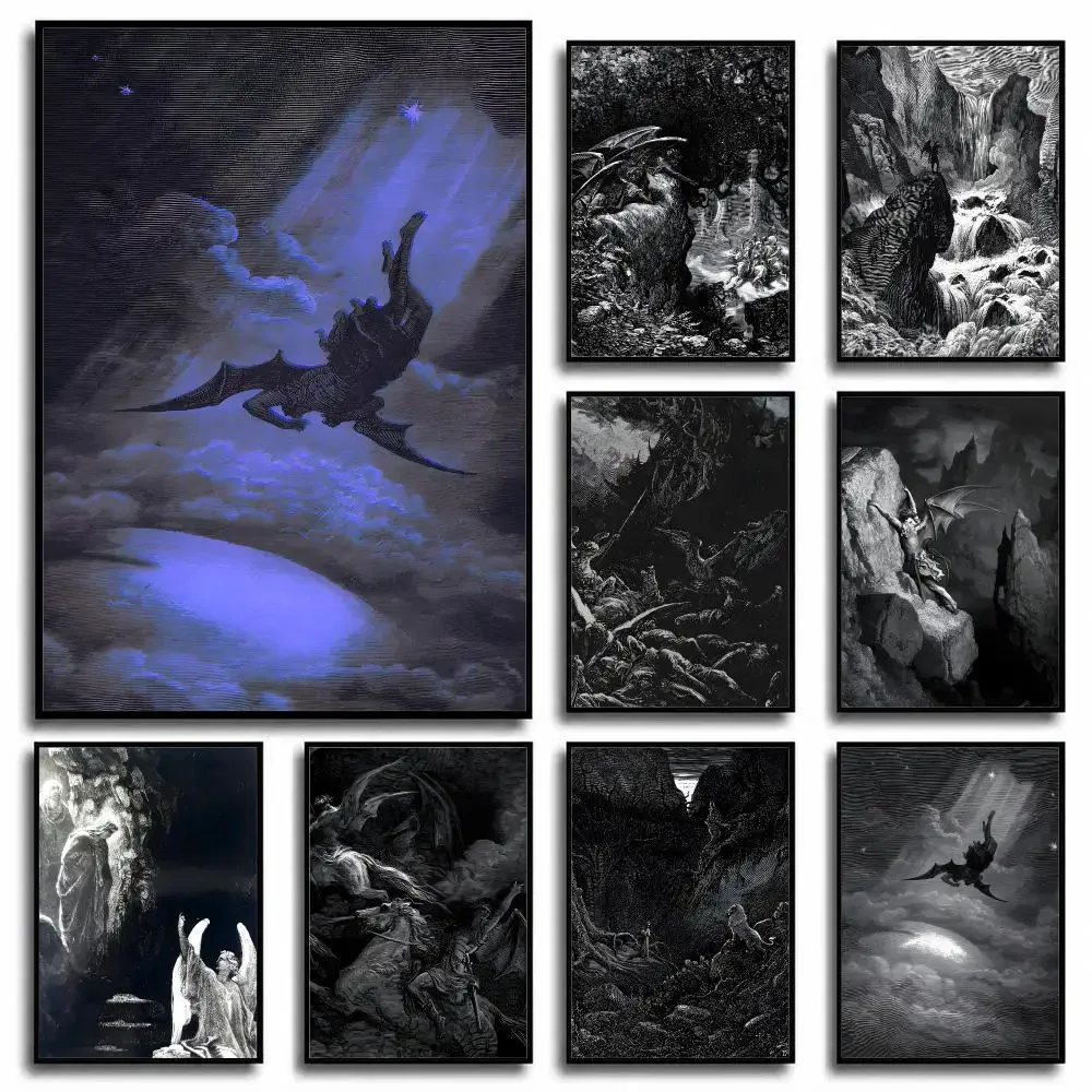 Artist Gustave Dore Paradise Lost Satan Poster Waterproof Wall Art Decor Stickers, Home Bedroom Bar Removable Wall Decoration