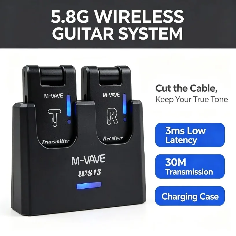 M-VAVE WS13 5.8GHz Wireless Guitar System 24bit/48KHz Transmitter Receiver 15H Battery Charging Case for Guitar Bass Keyboard