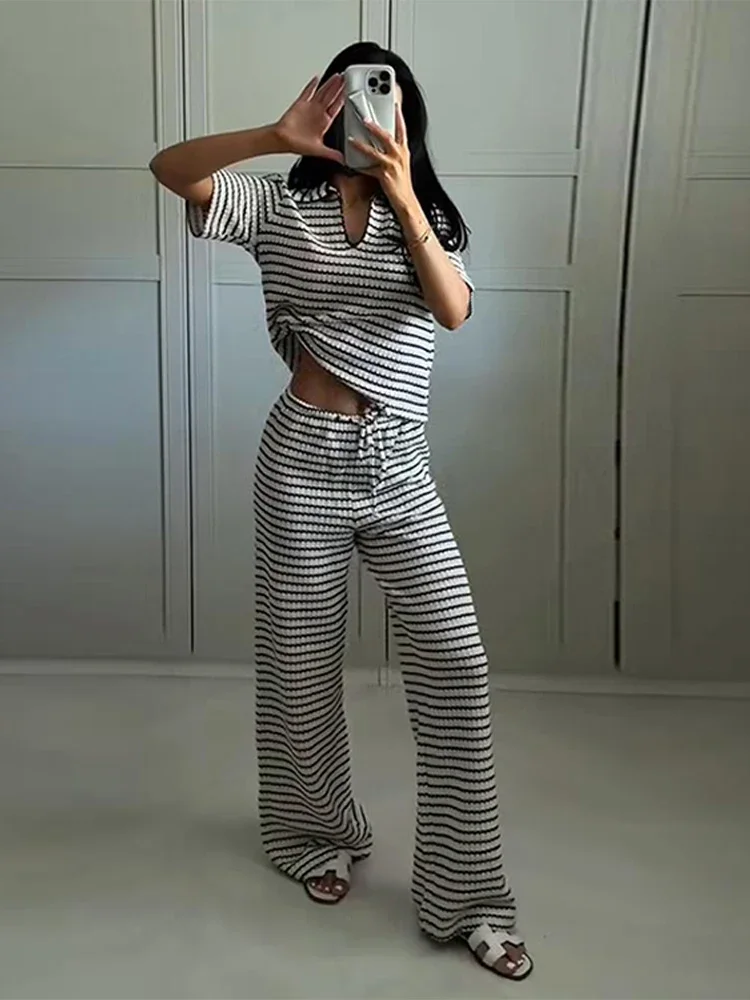Casual malha listrado calças definir feminino casual solto gola polo camisa de manga curta cordão perna larga calça 2025 verão senhora terno