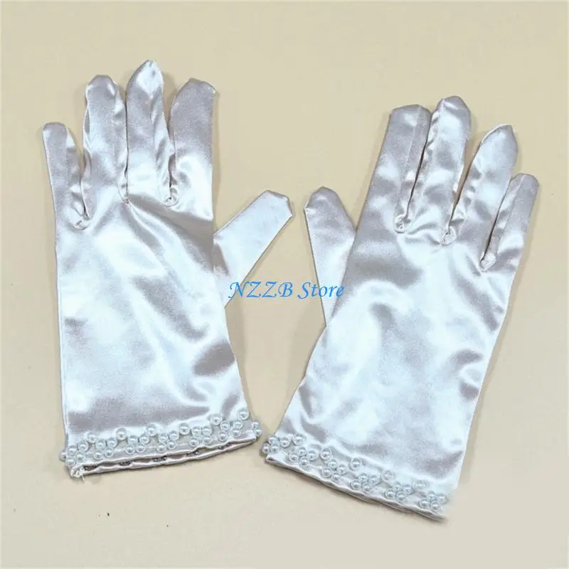T21F قفازات حريرية بلون خالص للسهرة، قفازات قصيرة بطول المعصم #5