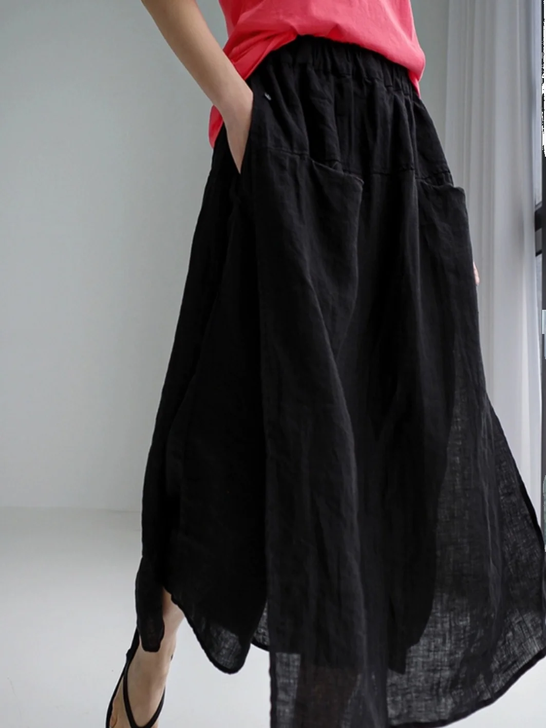 الرجعية ن تسعة أقدام تنورة السراويل النسائية رقيقة وهمية قطعتين القطن الكتان فضفاض التخسيس سبليت واسعة الساق مستقيم أنبوب السراويل #4