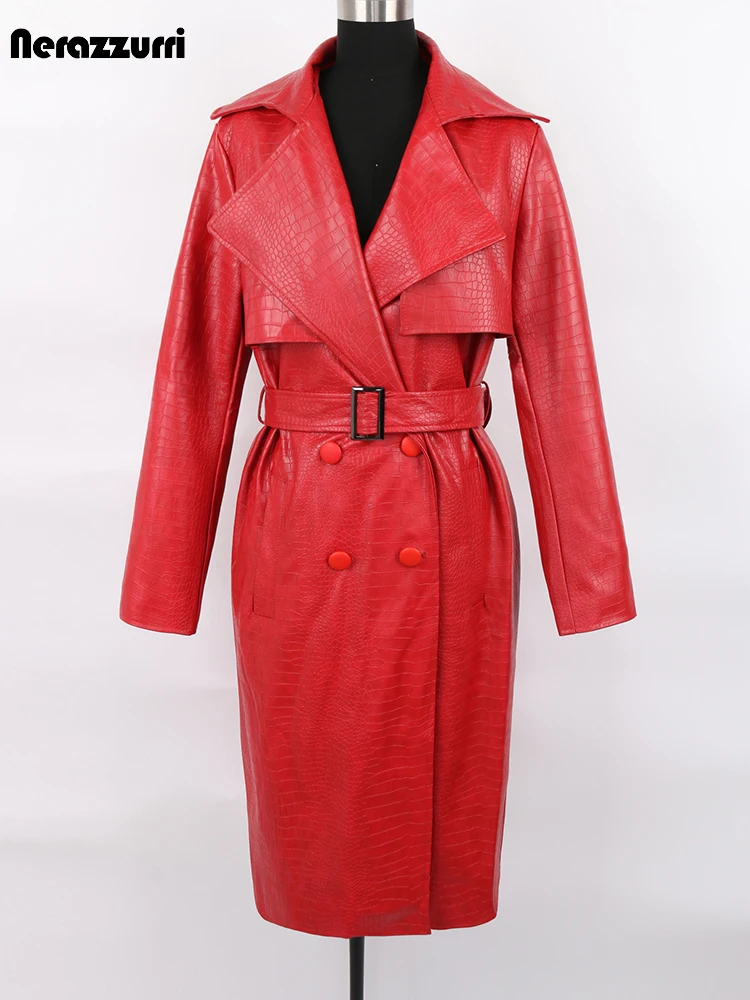 Trench Nerazzurri autunno lungo sciolto in pelle stampa coccodrillo rosso per donna cintura doppio petto impermeabile impermeabile moda