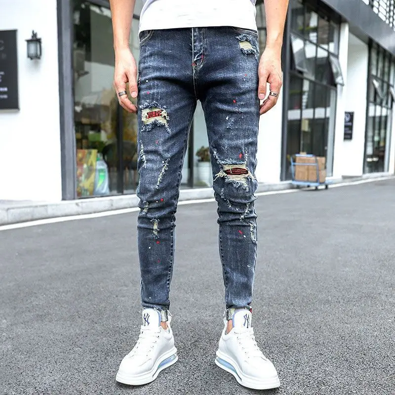 

Fashion 2025 Men's Korean Stretch Slim Distressed Jeans Casual Spring Autumn High Quality Trendy Skinny Beggar Ripped Hole Pants