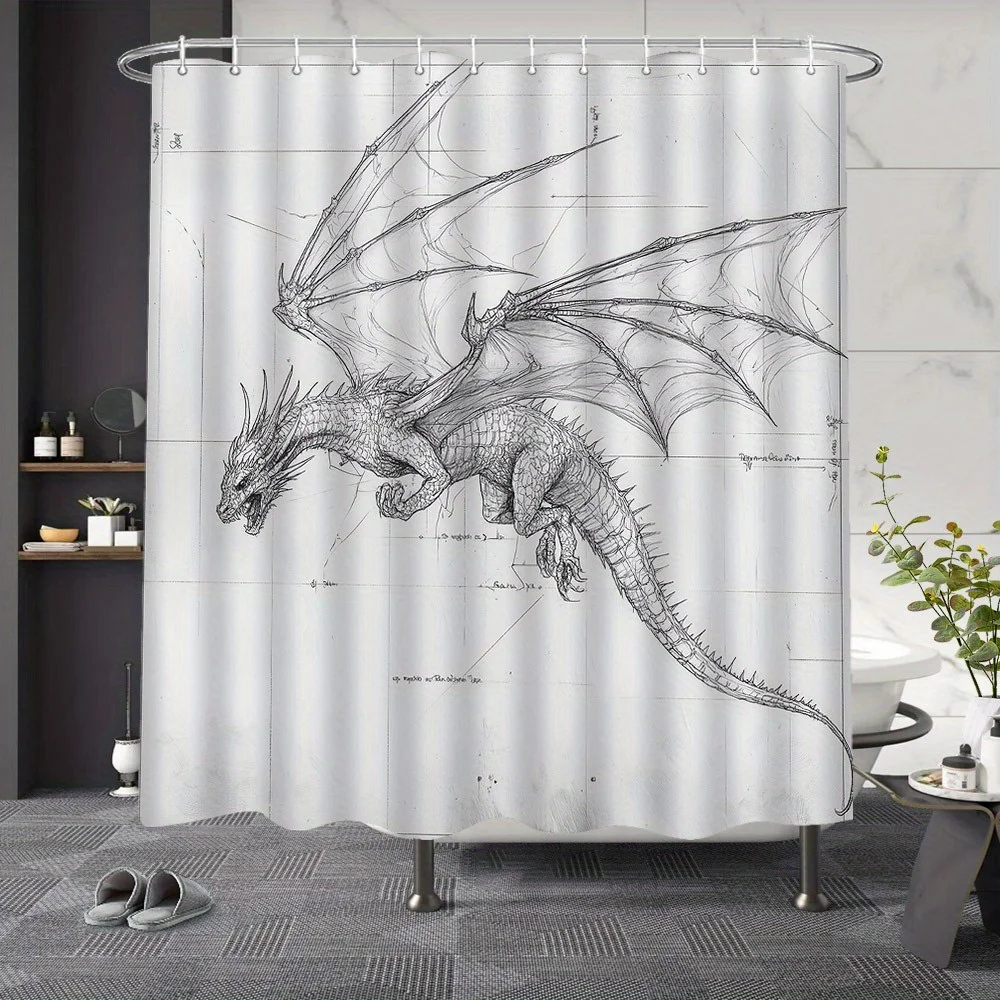 

Flying Dragon Sketch Shower Curtain - Pencil Drawing of Serpentine Dragon with Scales and Wide Wings on Graph Paper Background