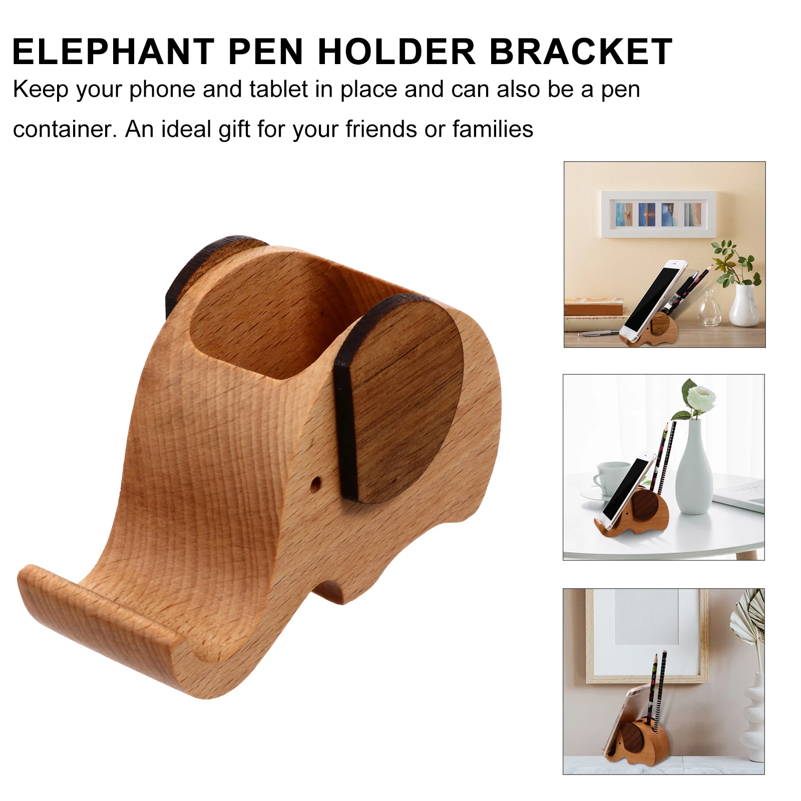 

1pc Elephant Pen Holder Phone Stand Wood Cell Container Smartphone Tablet Bracket Home Office School Restaurant Wooden Desktop