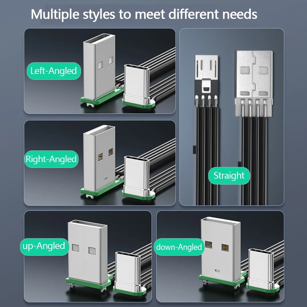 Cable de datos de silicona plano USB a tipo C 2,0 para portátiles, teléfonos móviles, ordenadores, tabletas, codo de 90 grados hacia arriba, hacia abajo, izquierdo y derecho doble