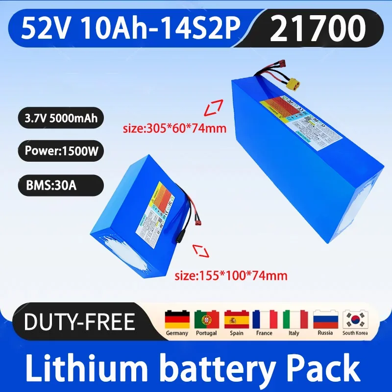 New 52V 10Ah 21700 14S2P A-class lithium-ion battery pack with 1500W power and 30A BMS rechargeable battery+58.8V 2A charger