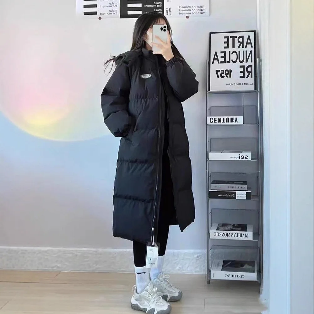 

2025 Winter Women's Korean Over Knee Down Cotton Coat, Thickened Loose Fit Hooded Parka,Pure Color Zipper Closure Long Outerwear