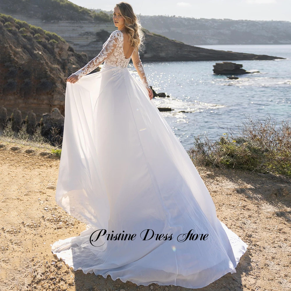 High Quality Chiffon Beach Wedding Dress with Side Slit Classic Women Appliques Long Sleeves Lace V-Neck Customized Bridal Gowns