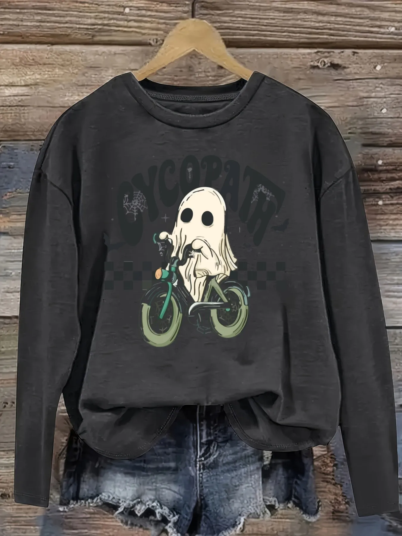 Women's Casual Long Sleeve Crew Neck T-Shirt Ghost Riding Motorcycle Graphic Print Design, Round Neck Women's Clothing, Machine Washable, Slightly Elastic, Loose Fit, Spring Autumn Winter Women's T-Shirt, Halloween Costume Outfit view 2