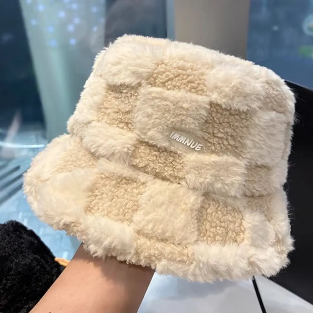Fashion Winter Girl Boy Bucket Hat Lamb Wool Letter Fisherman Hat Plaid Flat Top Hats Outdoor Thick Warm Panama Cap For Women