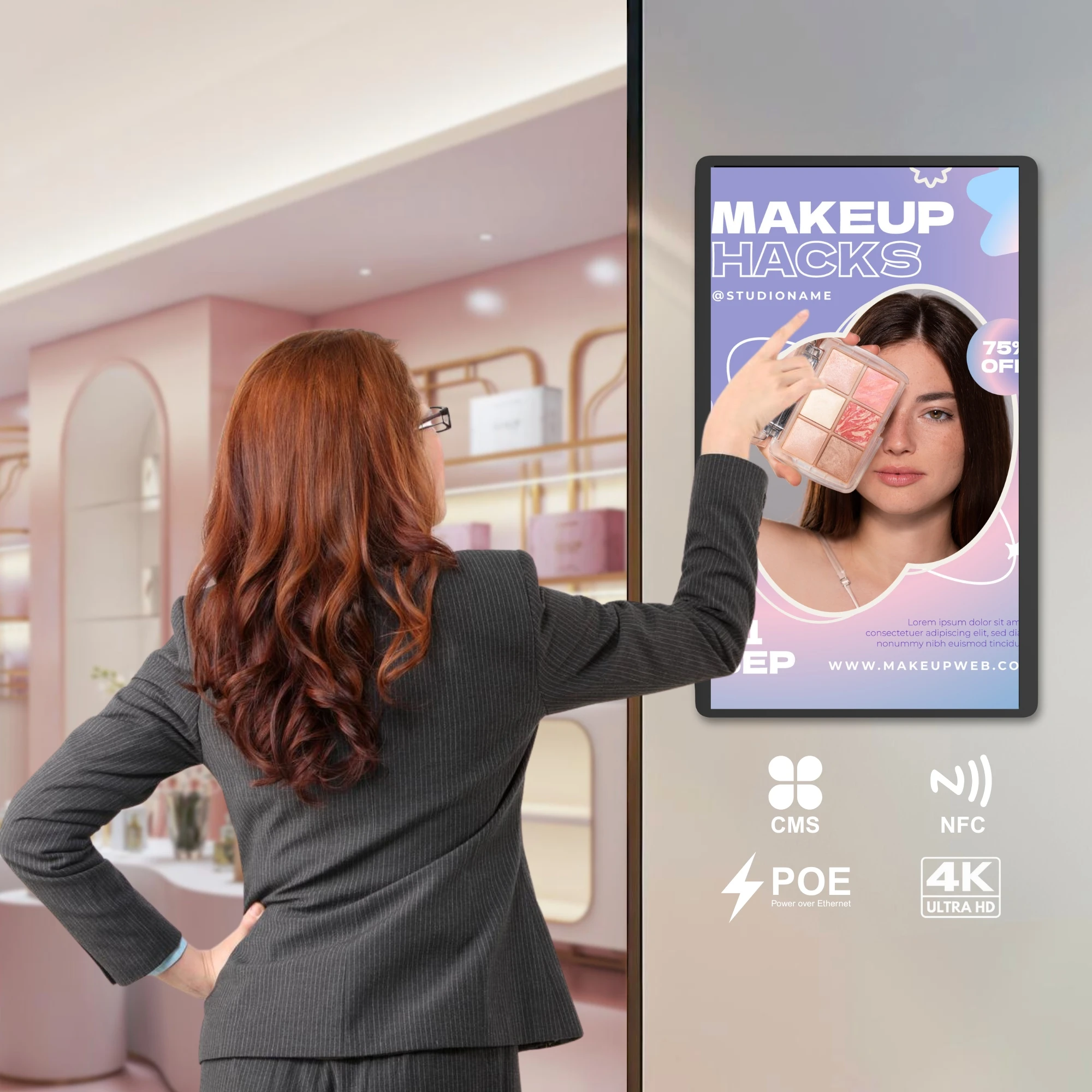 

Сенсорный экран 32 дюйма 4k Ultra HD Wall Digital Signage Android14 RK3576S 6 ТОП AI Дополнительный экран POE NFC для рекламы