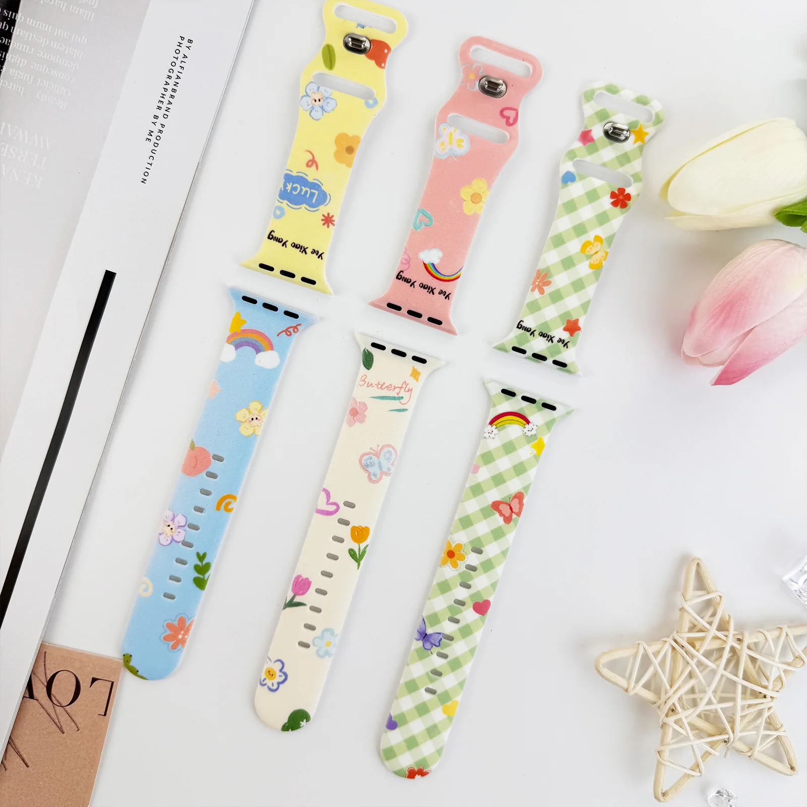 Correa con estampado de flores de primavera para Apple Watch 10 9 8, pulsera reemplazable de silicona para iWatch 46mm 44mm 42mm 41mm