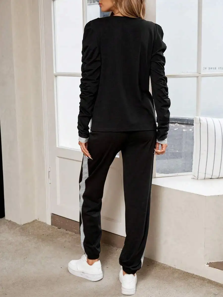 

Casual Color Block Long Sleeve Top And Jogger Pants Set For Women