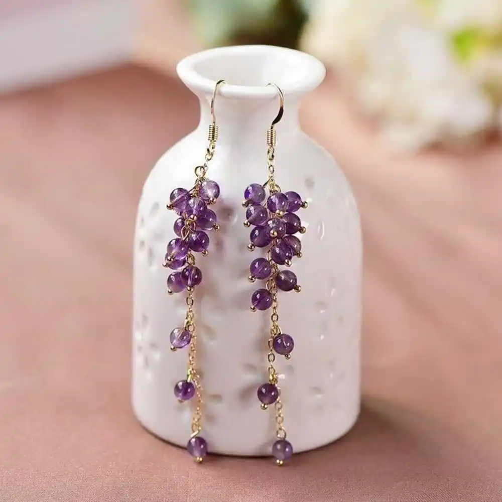 6MM Natural Amethyst Beads Earrings Grapes Hook Chain Eardrop Party Wedding Beautiful Women Prayer