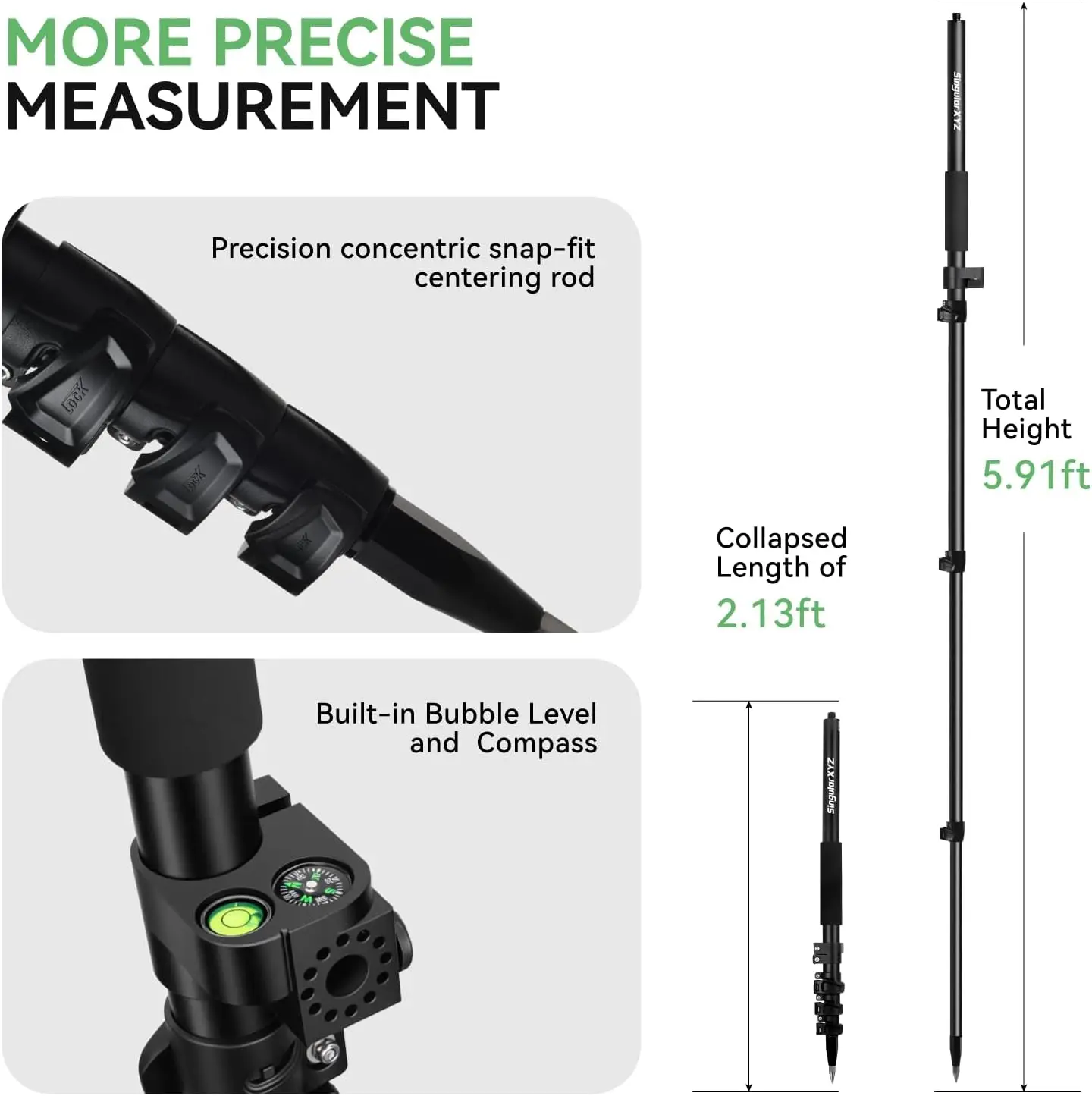 Aluminum GPS Pole,Telescopic Survey Pole with Compression Lock and Compass, Durable GPS Rover Rod for Land Surveying Equipment &