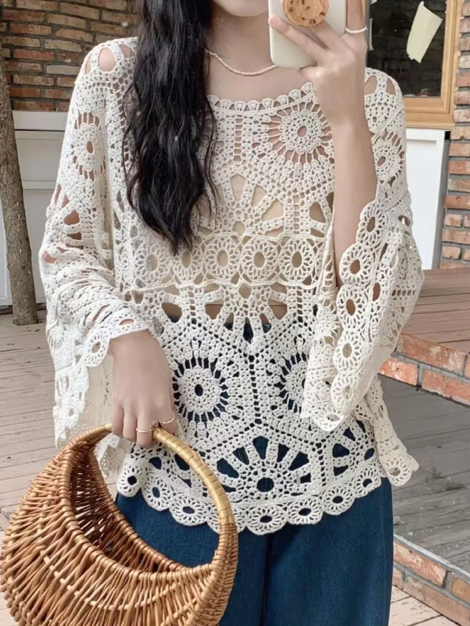 

Summer New Women's Holiday Style Hook Flower Hollow Knitted Loose Design Sense Outer Sun Protection Cover up Top