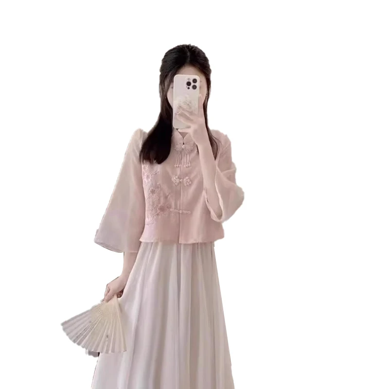 Nowy Chiński Sle Pink Dr Damski Jesienny Zestaw Hanfu z Efektem Ekskluzywności na Jesień 2025, Spódnica, Wiązany, Luźny Krój