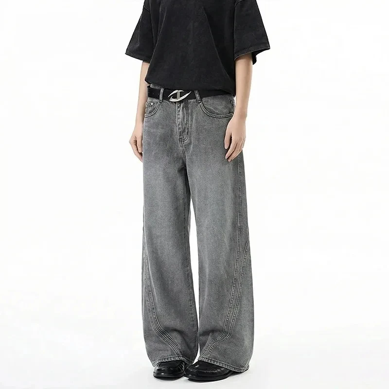 

Minimalist Men's Jeans Grey Wash Curved Seam Detail Wide Leg Fit High Waist Casual Streetwear Denim Long Pants Chic