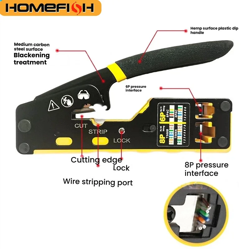 

HOMEFISH Multifunctional 6088 Through-Hole Wire Crimper 8P6P Dual-Use Pliers for RJ45 Punch-Down RJ45 Crystal Head