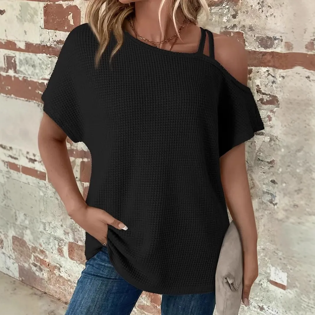 Short Sleeve T Shirt For Woman Off Shoulder Waffle Knit Tee Loose Fit Solid Color Pink Cropped Length Streetwear Pullover