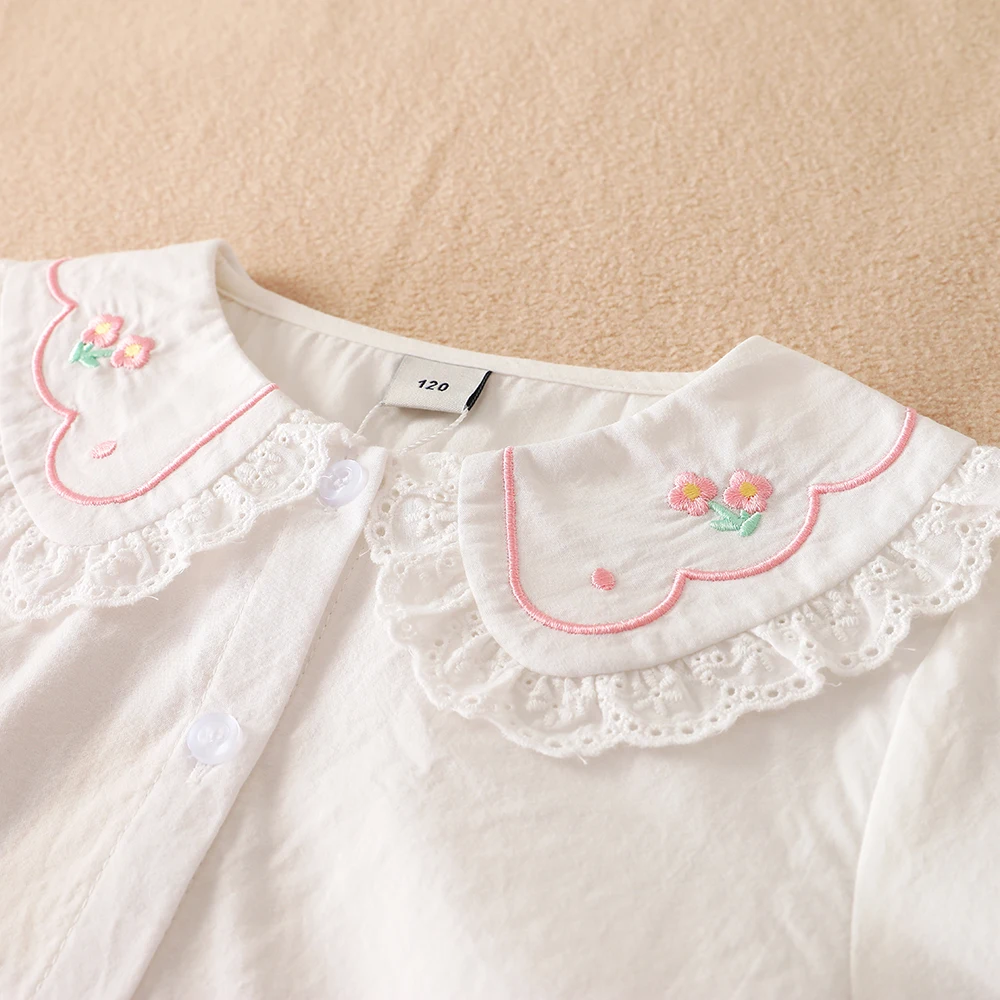Weißes Hemd für Mädchen, 100 % Baumwolle, 5–12 Jahre, bestickt, gerüschter Kragen, Spitzenbesatz, langärmeliges Oberteil, Kinderkleidung für den Schulanfang – Detail 6
