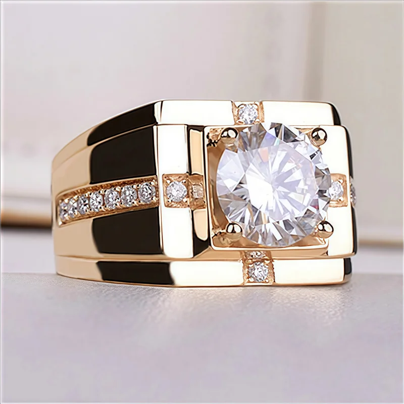 Luxurious men's fashionable business wide face synthetic zircon ring golden ring laboratory made men's and women's gorgeous ring