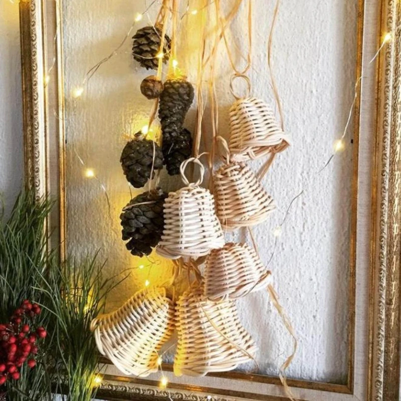 Handwoven Bells Pendant Rattan Woven Decorative Crafts Ornament Supplies for Indoor Outdoor Garden Yard Decoration