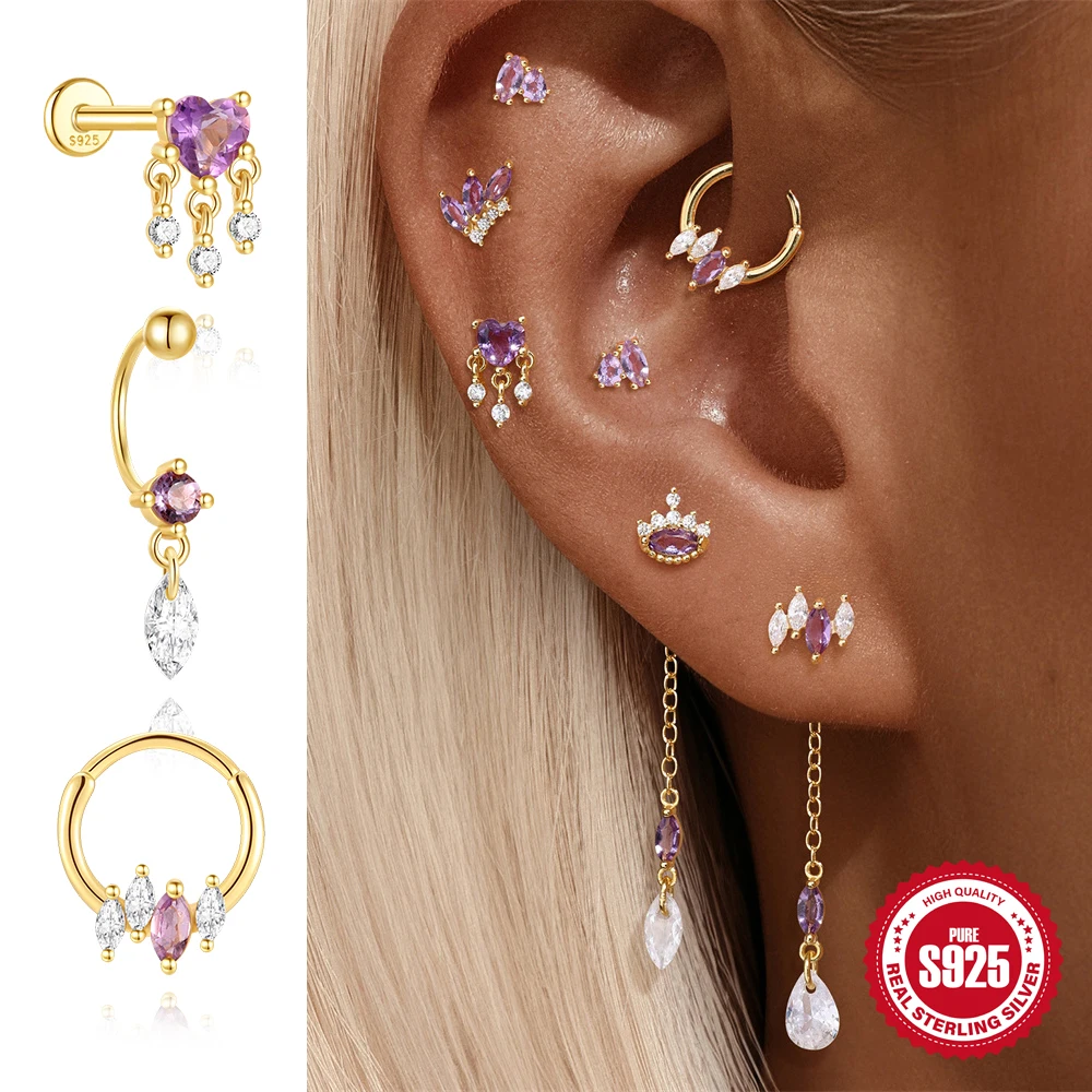 

ROXI 925 Sterling Silver Purple Natural amethyst Piercing Earring For Women 1piece Tassel Stud Earring Party Fine Jewelry Gifts