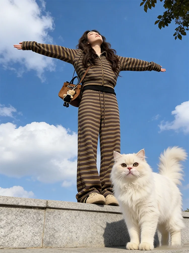 

Модный повседневный комплект спортивной одежды, женская осенне-зимняя толстовка с капюшоном для ленивых, длинные брюки, дышащая с высокой талией и узором в полоску