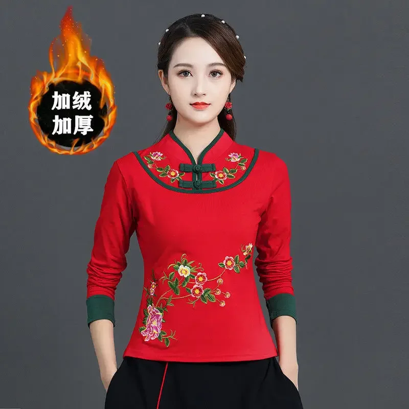 T-shirt brodé à manches longues pour femmes, haut à col montant, coton, bouton rétro, style chinois, printemps, automne, nouveau
