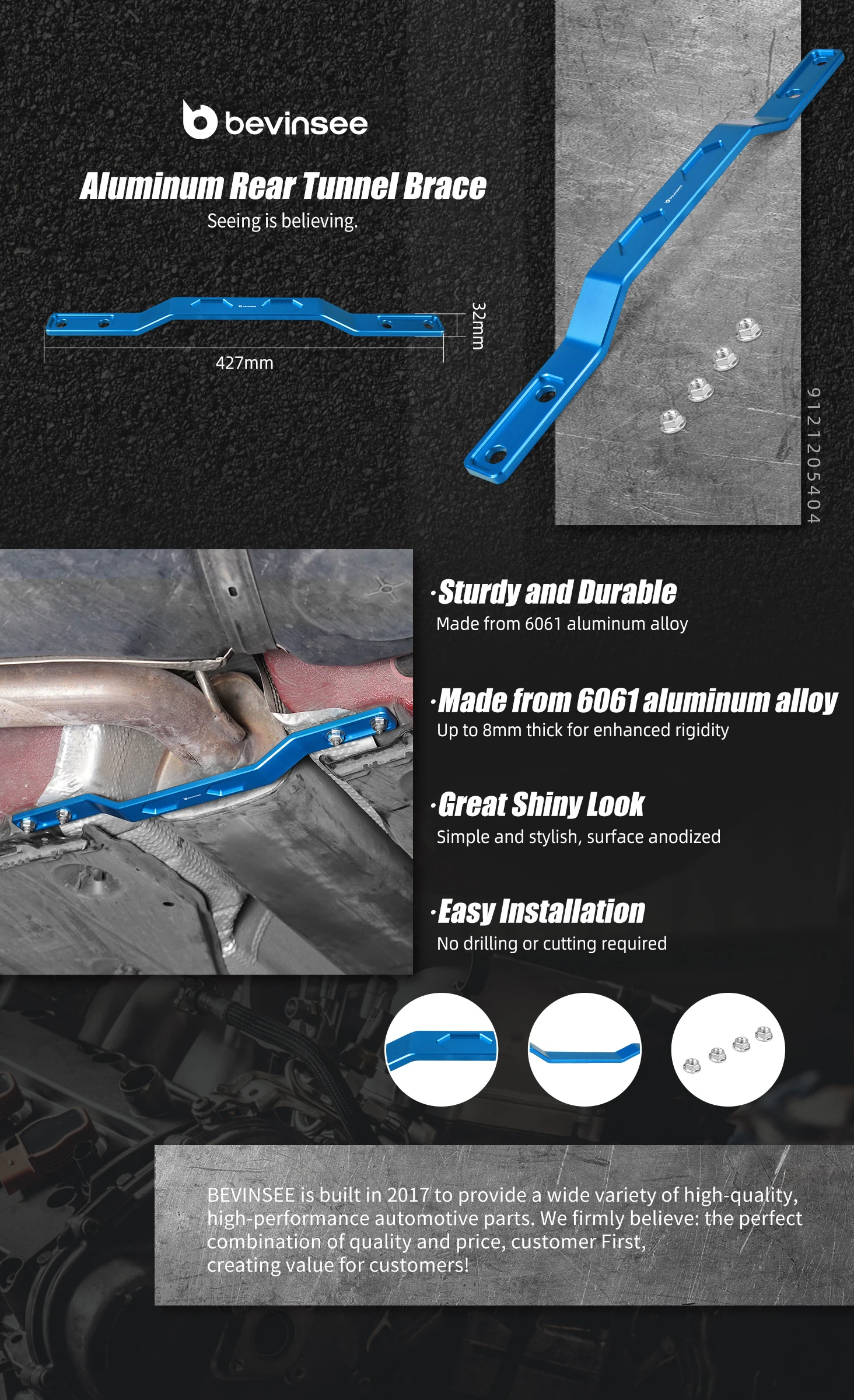 BEVINSEE Ersatz 5Q0802128, Aluminium-Hecktunnelstrebe für Audi A3 8V/8Y Q2, für VW Golf 7/8, für Passat B8, für Seat Leon 5F – Detail 2