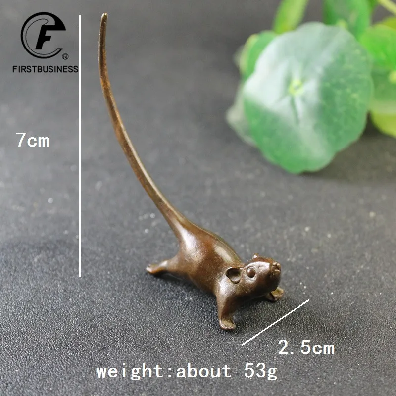 Long Tail Mouse Miniature Figurine Chinese Style Tea Pet Vintage Pure Copper Rat Ornament Desk Craft Home Decoration Accessories