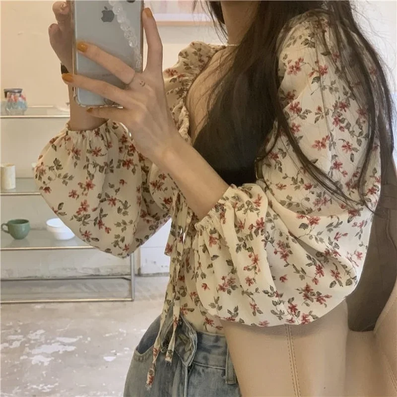 Blouses Women Floral Trendy Design Lovely Puff Sleeve Lace-up French Style Vintage Elegant Cozy All-match Leisure Femme Crop Top