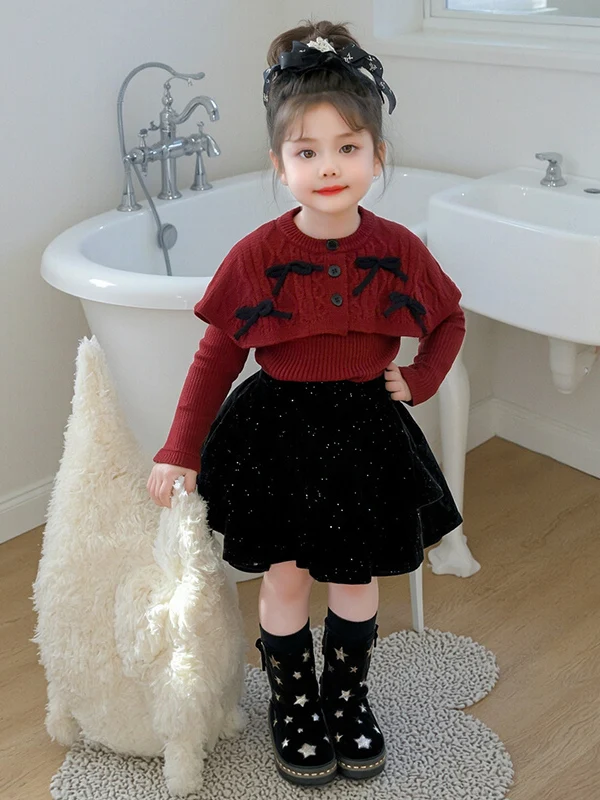 Suéter de malha com laço doce para meninas saia Bla conjunto de duas peças outono 2025 novo conjunto Faion infantil Sle respirável L...