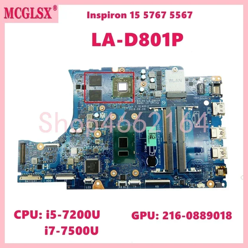 LA-D801P Met i5 i7-7th Gen CPU V2G-GPU Laptop Moederbord Voor DELL Inspiron 15 5567 5767 Notebook Moederbord CN-0KFWK9 0Y8N7H